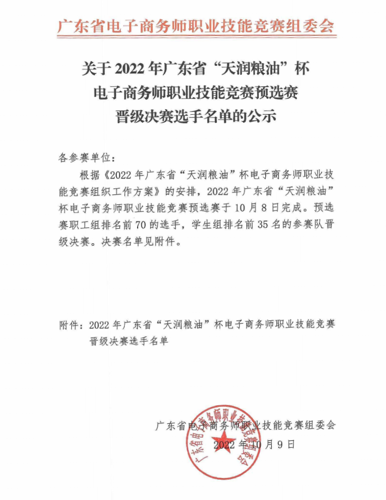 关于2022年广东省“天润粮油”杯电子商务师职业技能竞赛预选赛晋级决赛选手名单的公示_00.png